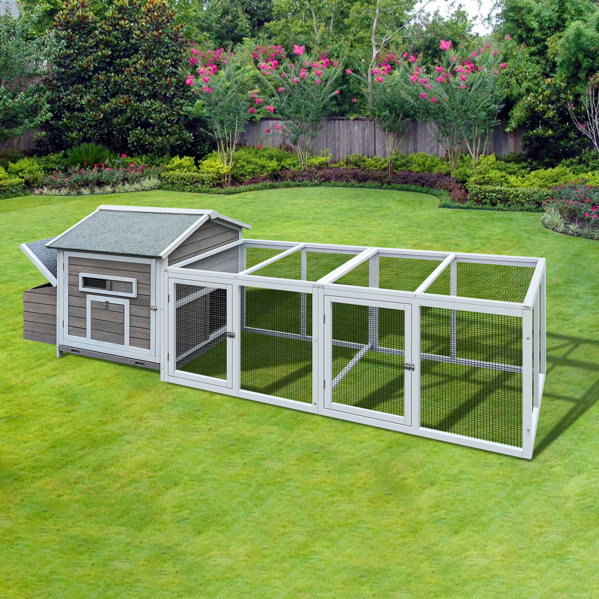 Wooden chicken coop with extended run grey roof and natural wood finish for backyard hens