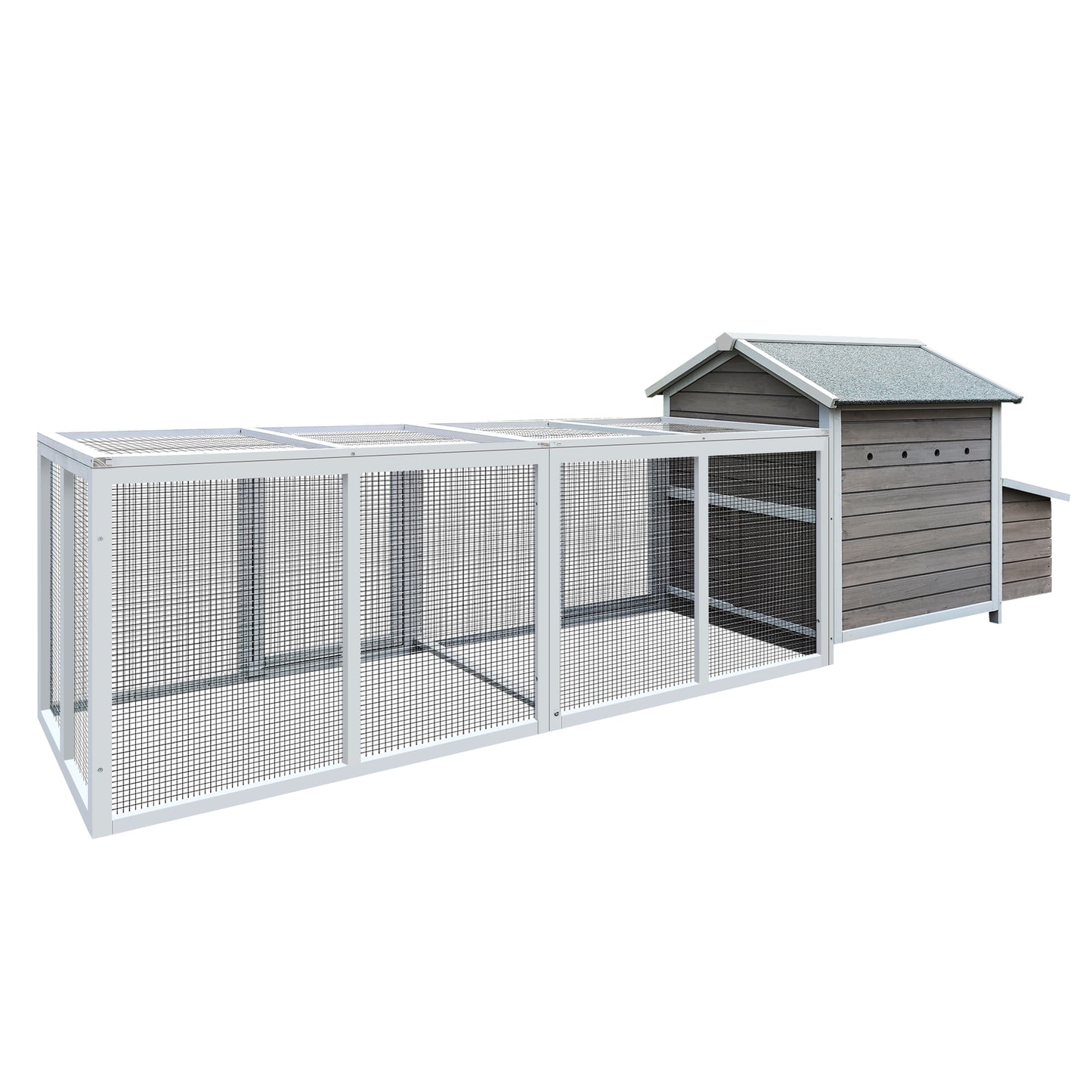 Spacious white metal and wood chicken coop with multiple runs and nesting box