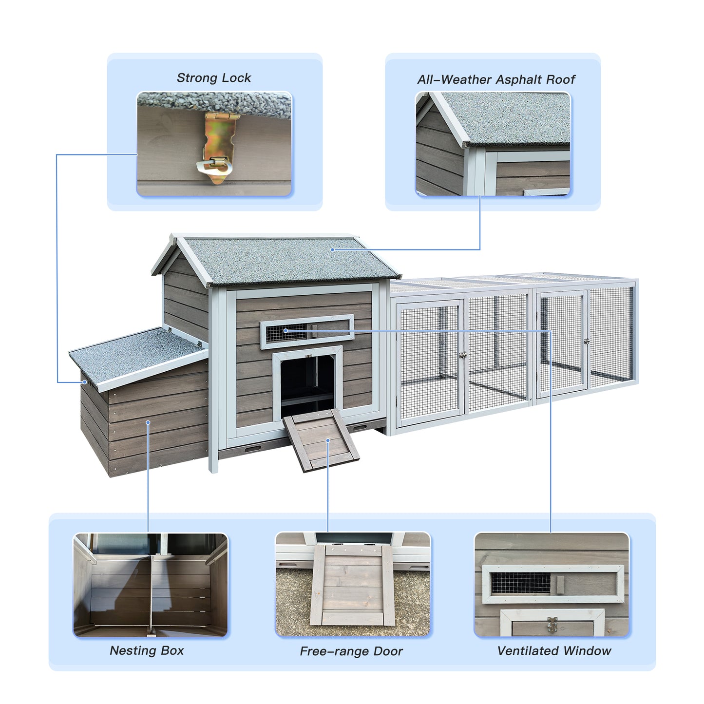 Wooden chicken coop with nesting box run and outdoor access ramp