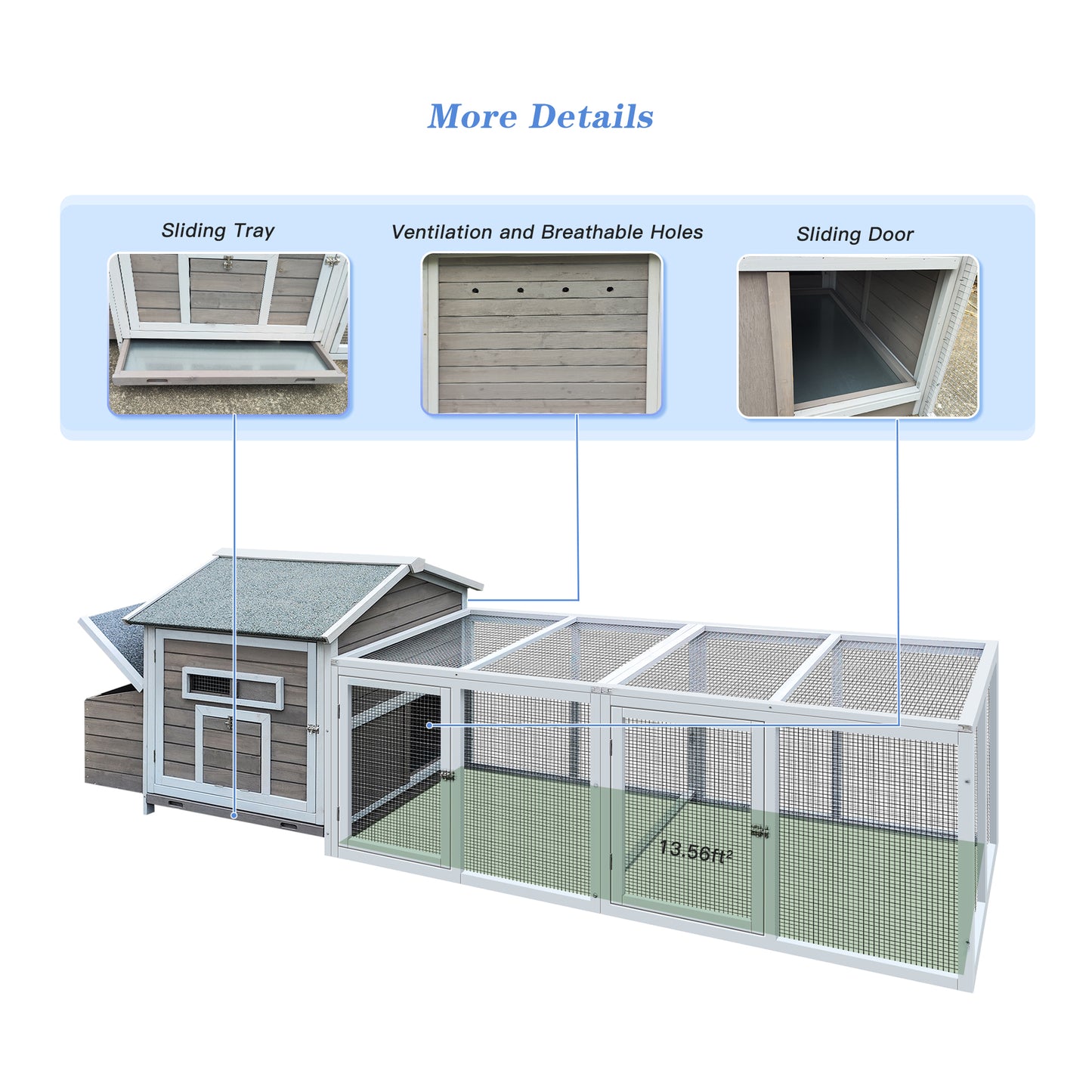 Wooden chicken coop with sliding tray for easy cleaning and maintenance