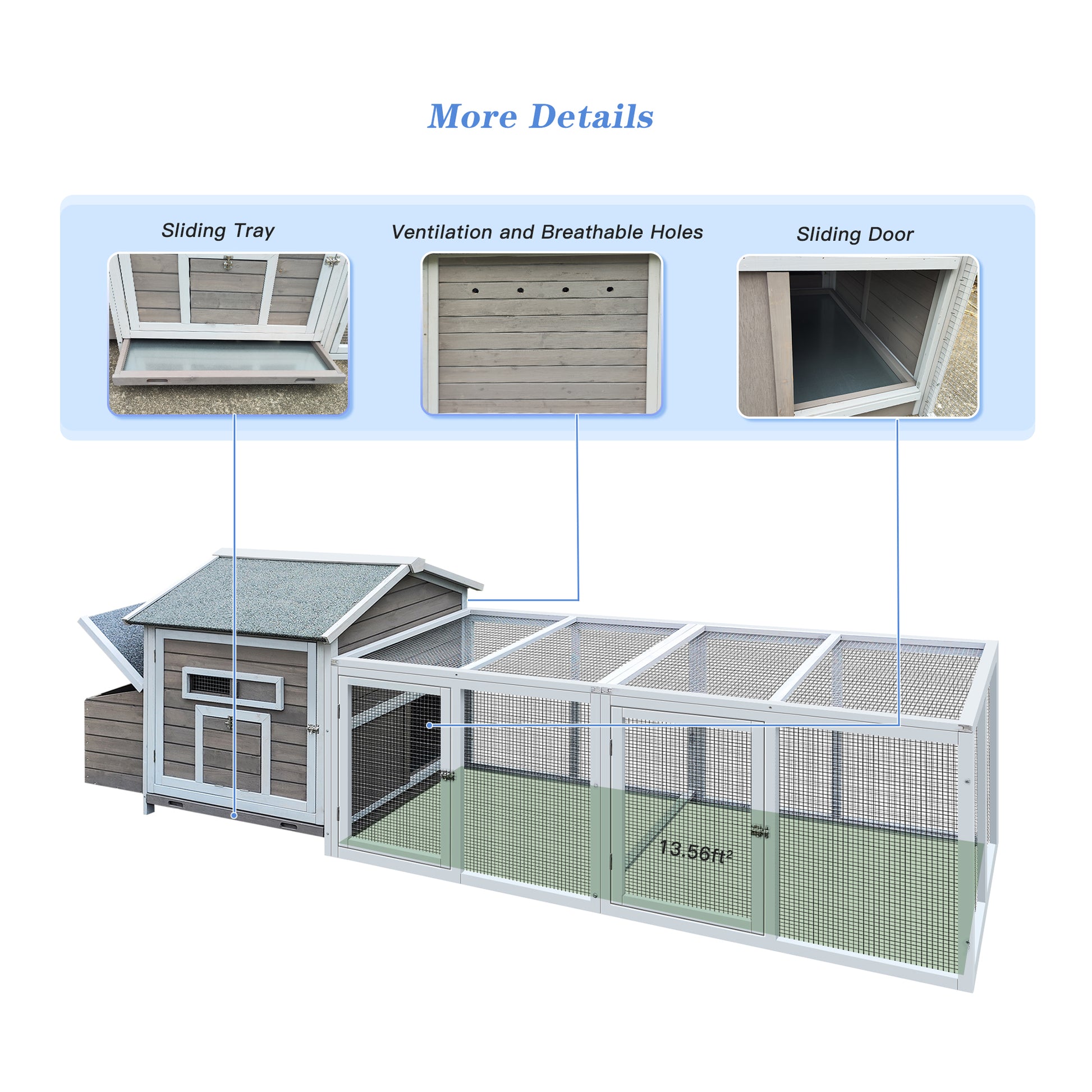 Wooden chicken coop with sliding tray for easy cleaning and maintenance