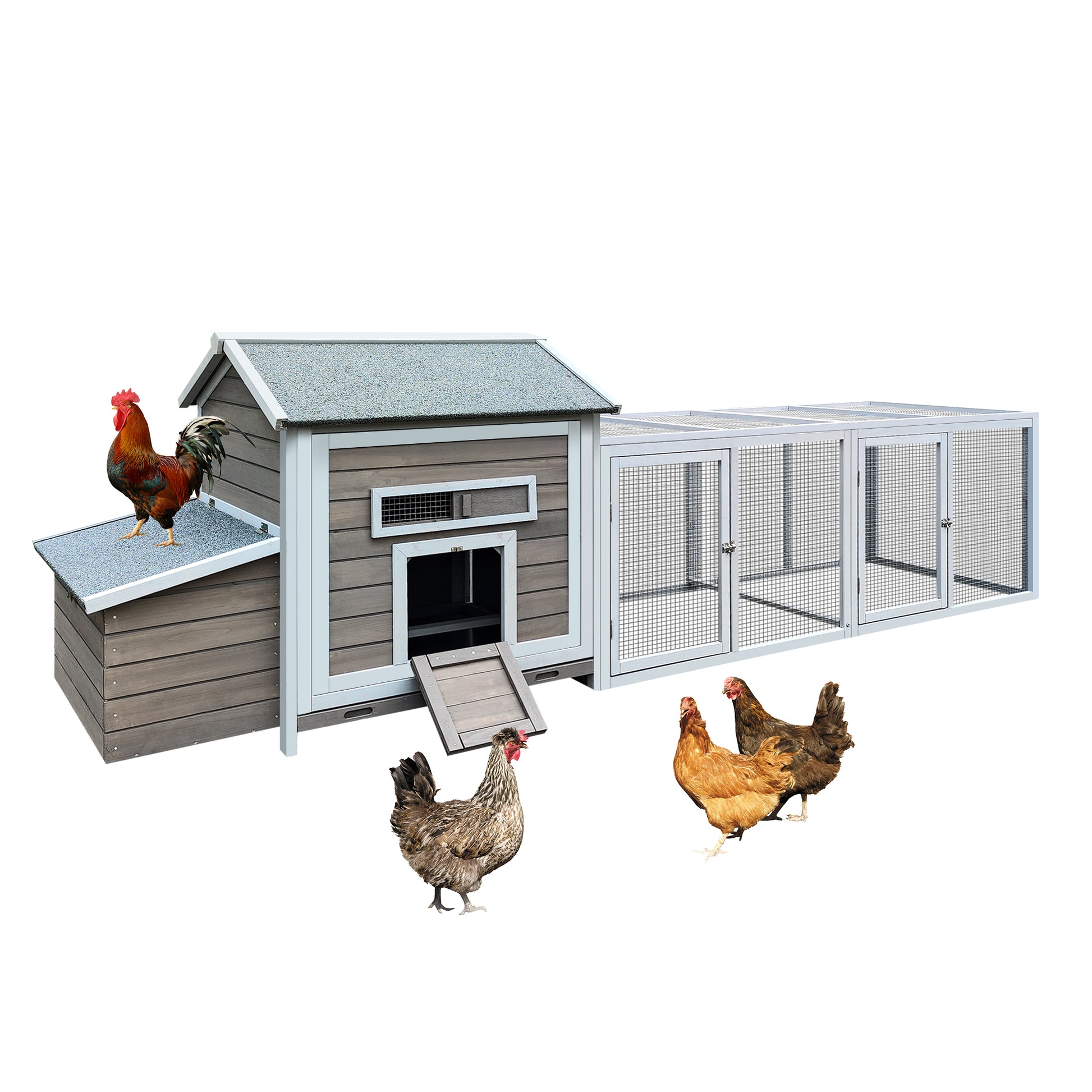 Spacious wooden chicken coop with integrated run and attractive gray wood finish