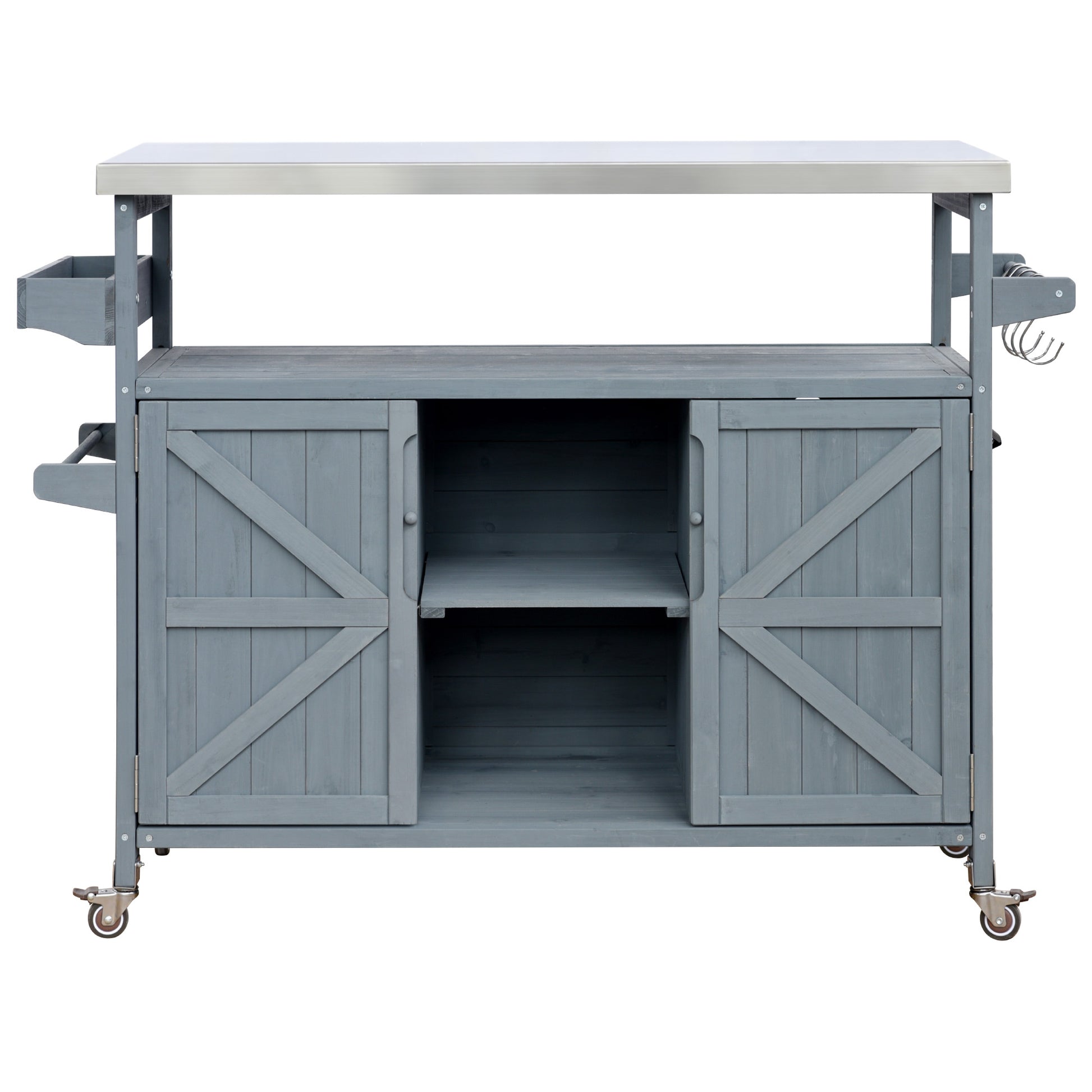 Grey wooden kitchen cart with stainless steel top and barn door style cabinets