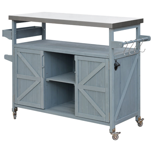 Gray wooden kitchen island with stainless steel top and barn doors