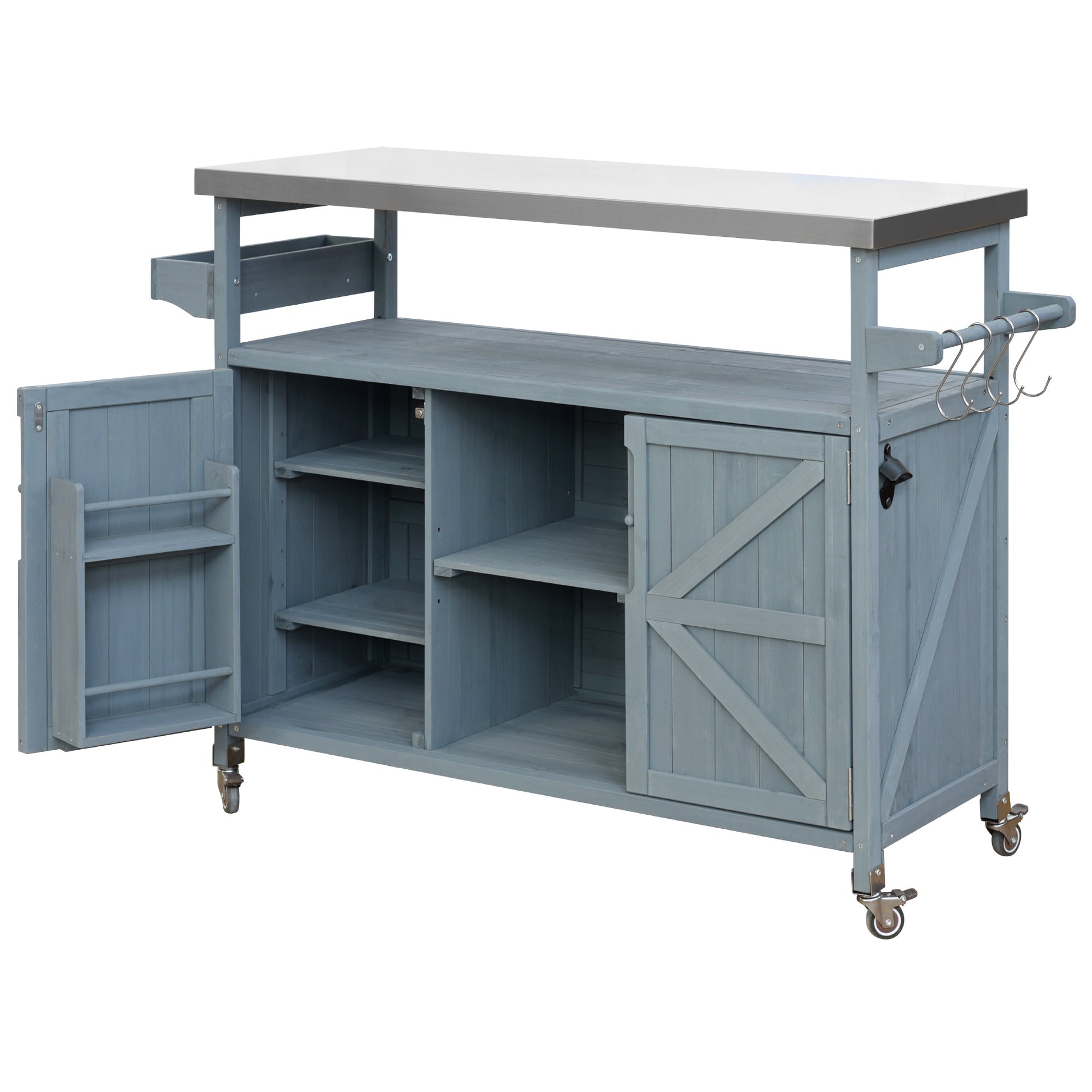 Grey wooden kitchen island with stainless steel countertop and casters
