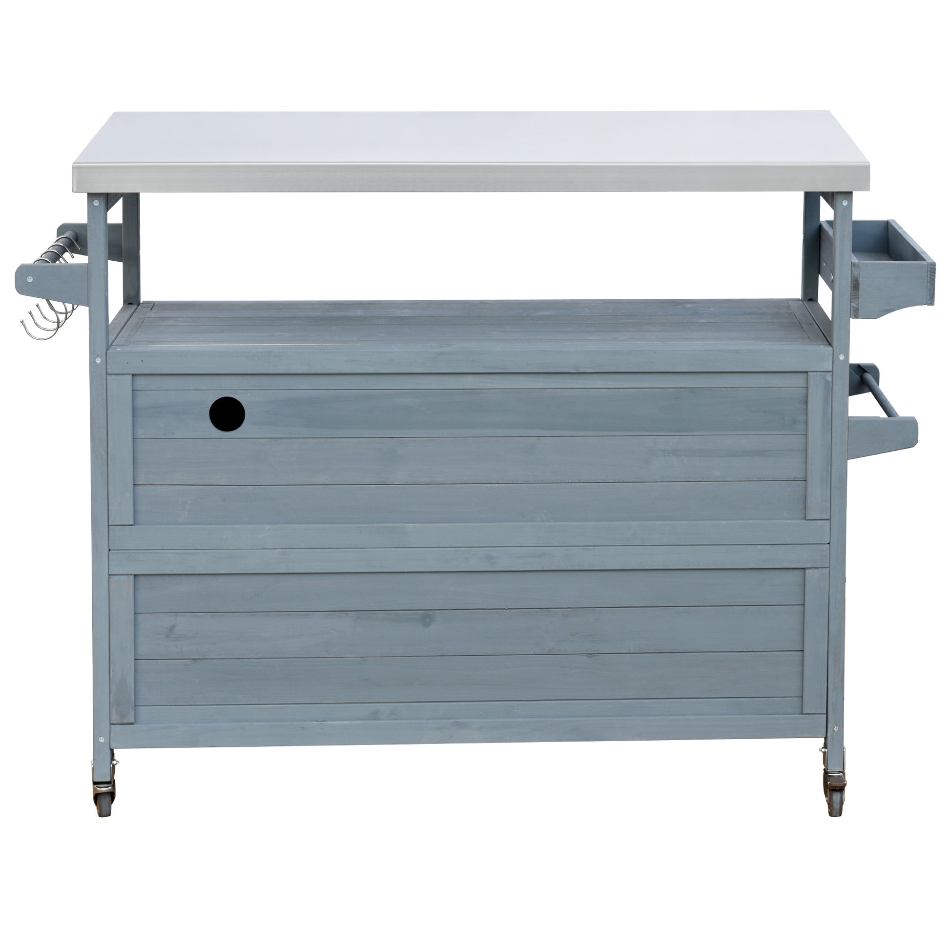 Grey wooden outdoor kitchen cart with stainless steel countertop and storage drawer