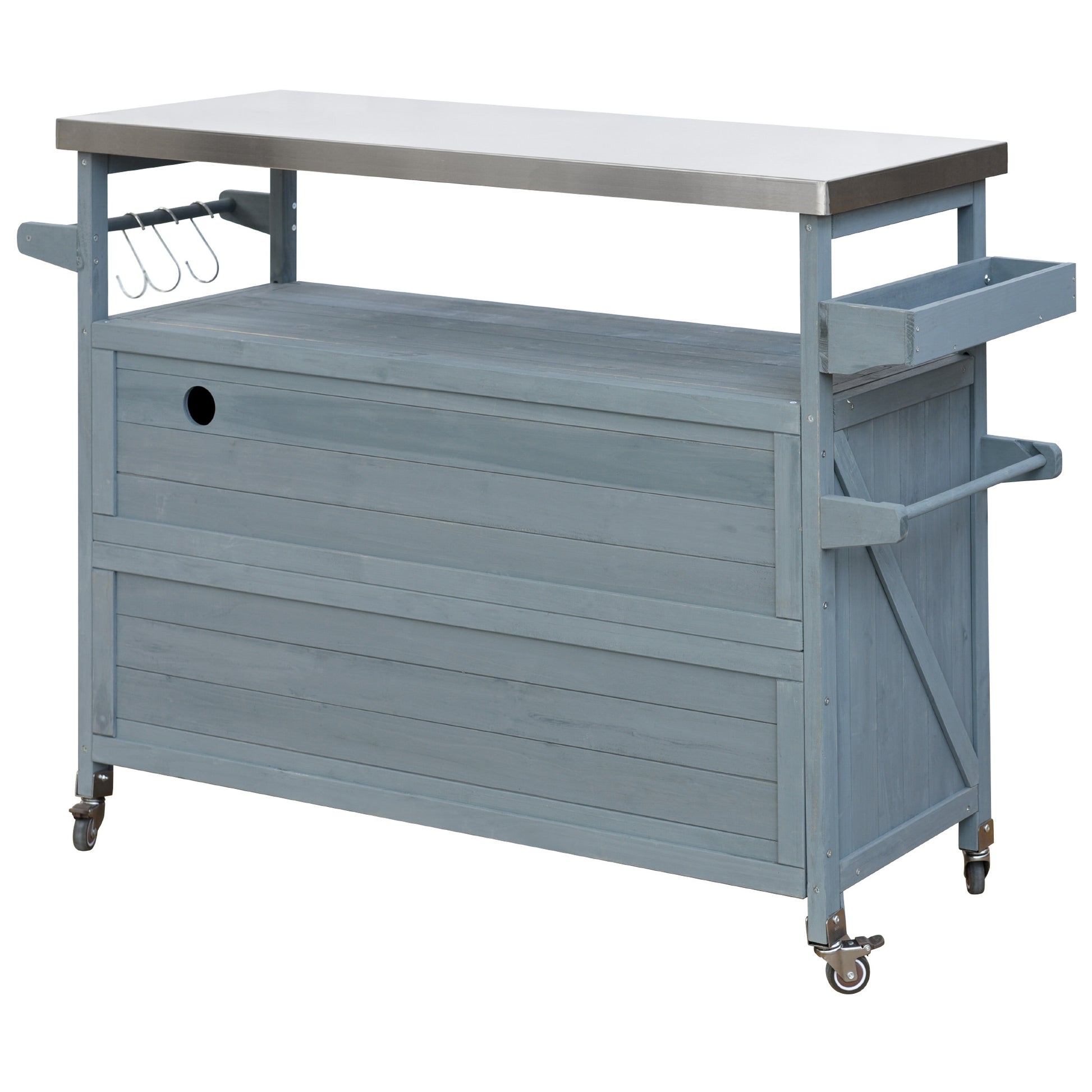 Grey outdoor kitchen cart with stainless steel top and storage