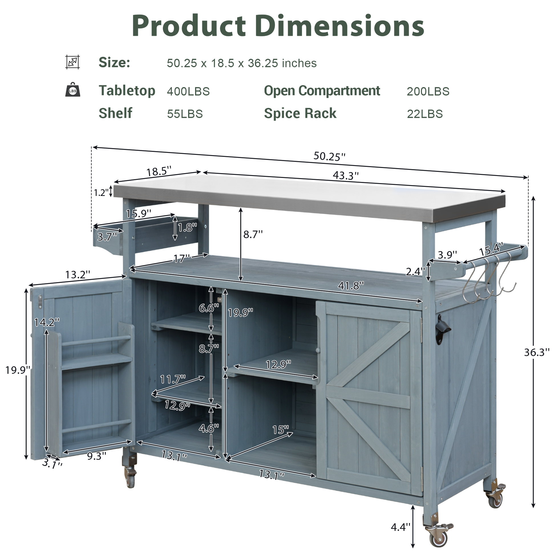 Blue mobile kitchen cart with stainless steel top and spice rack