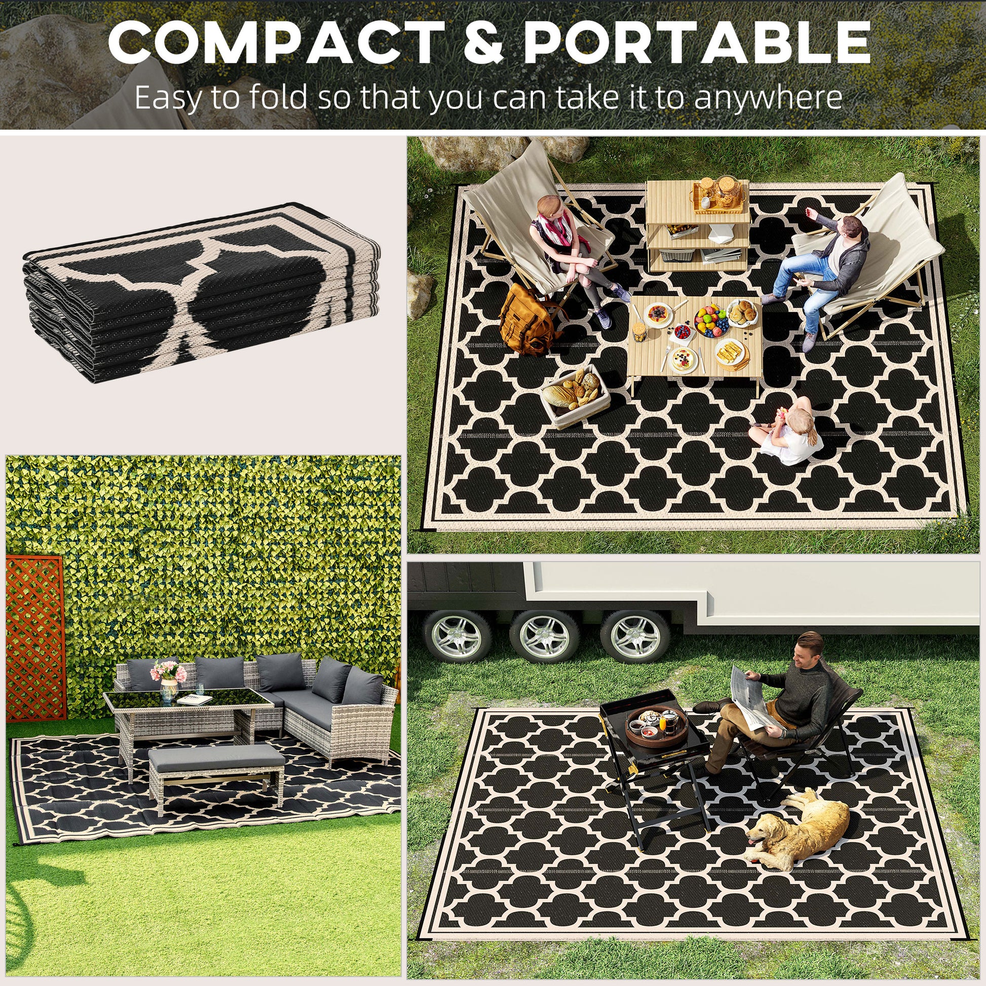 Folded black and white outdoor rug with quatrefoil pattern perfect for patios