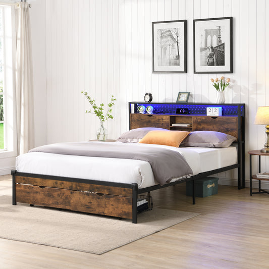 Rustic wood and black metal queen bed frame with builtin storage drawers and LED headboard