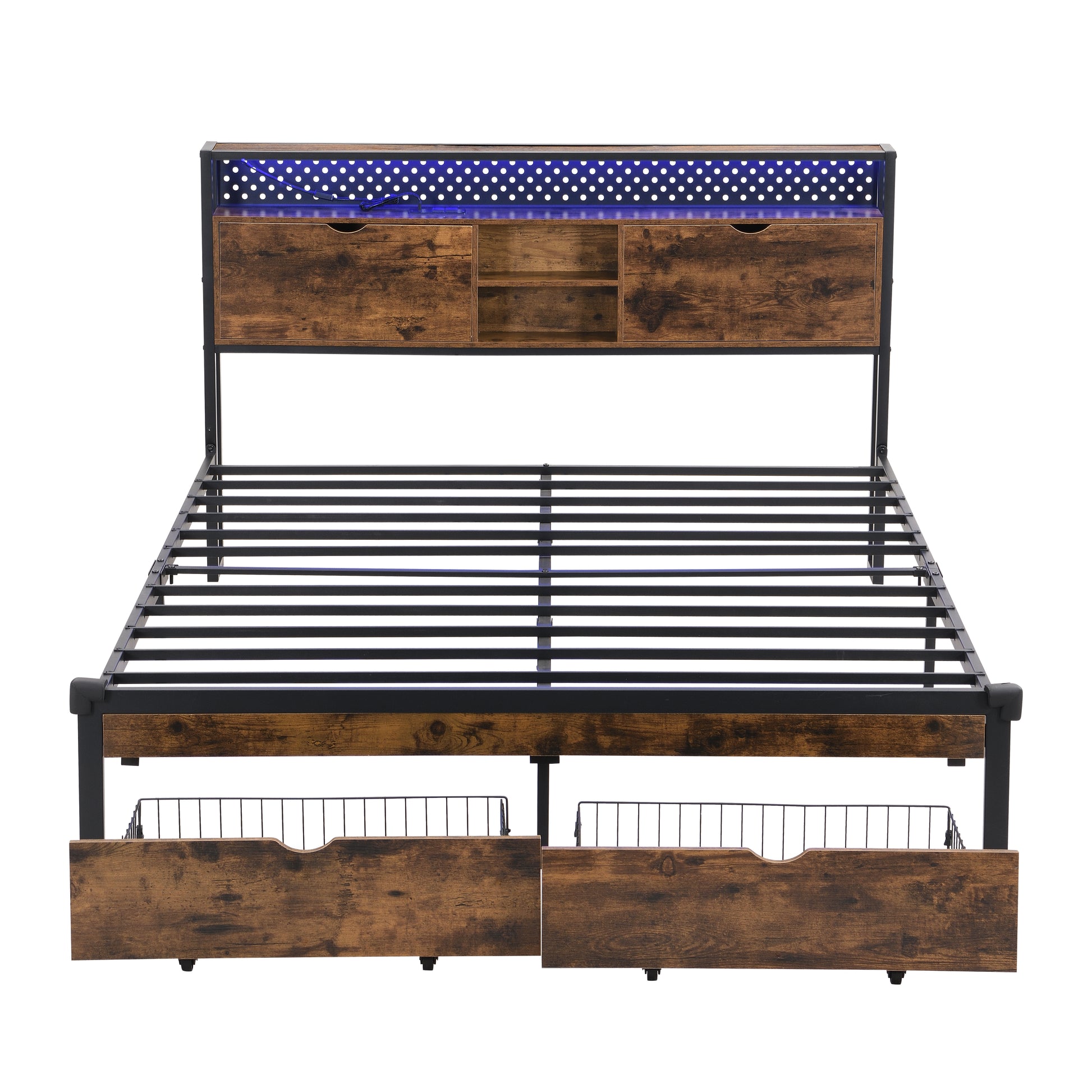 Industrial style metal bed frame with rustic wood finish and LED headboard lights