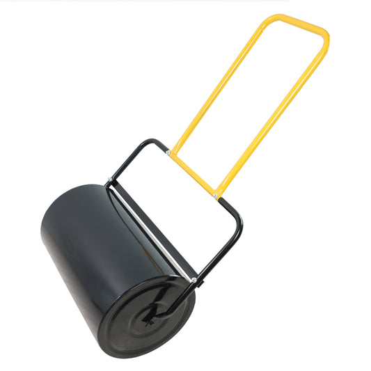 Black lawn roller with yellow handle for garden use