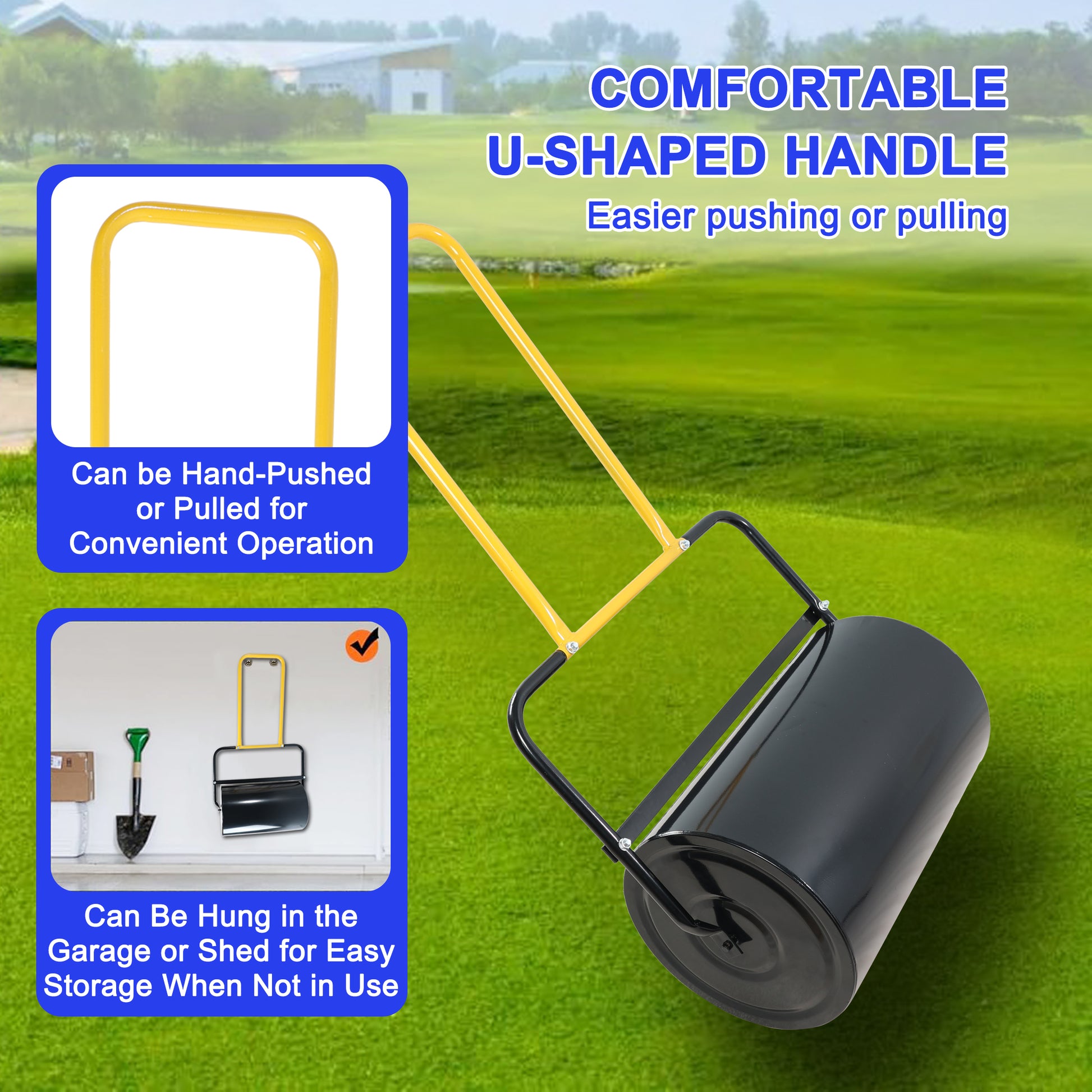 Black drum lawn roller with yellow Ushaped handle for convenient grass leveling