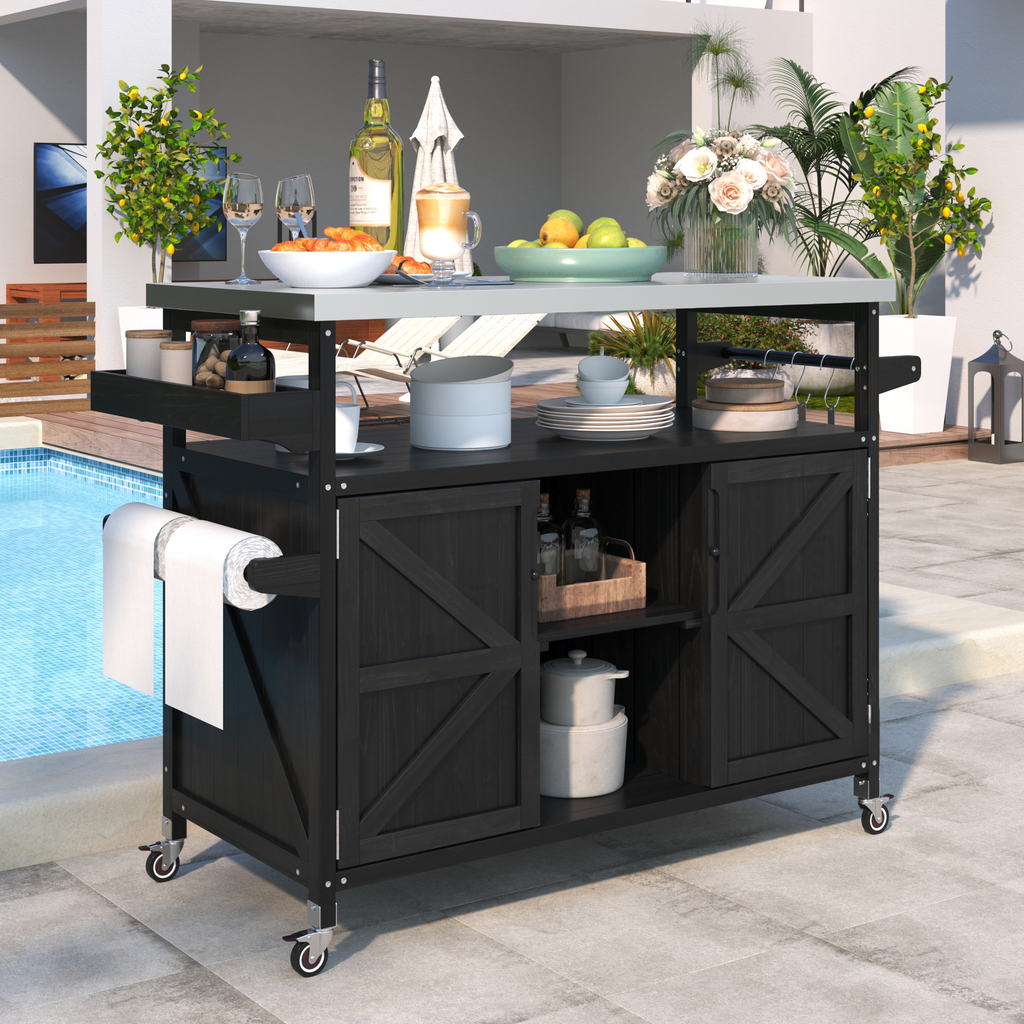 Black outdoor kitchen cart with stainless steel top