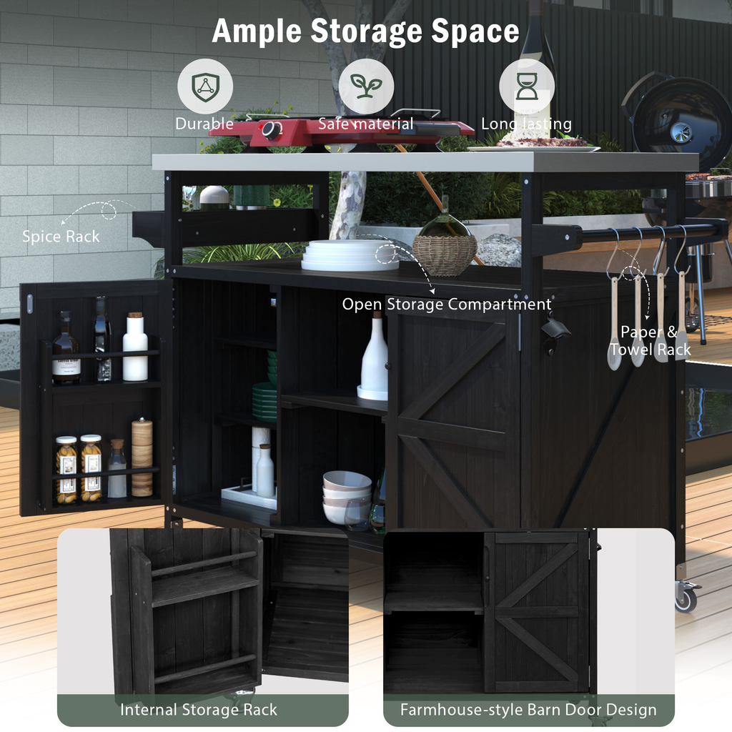 Black outdoor kitchen island with ample storage and spice rack