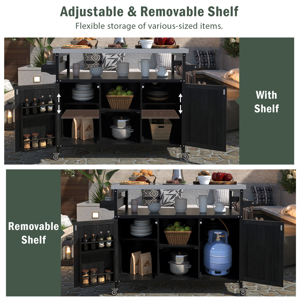 Outdoor kitchen cart with adjustable shelves and cookware storage