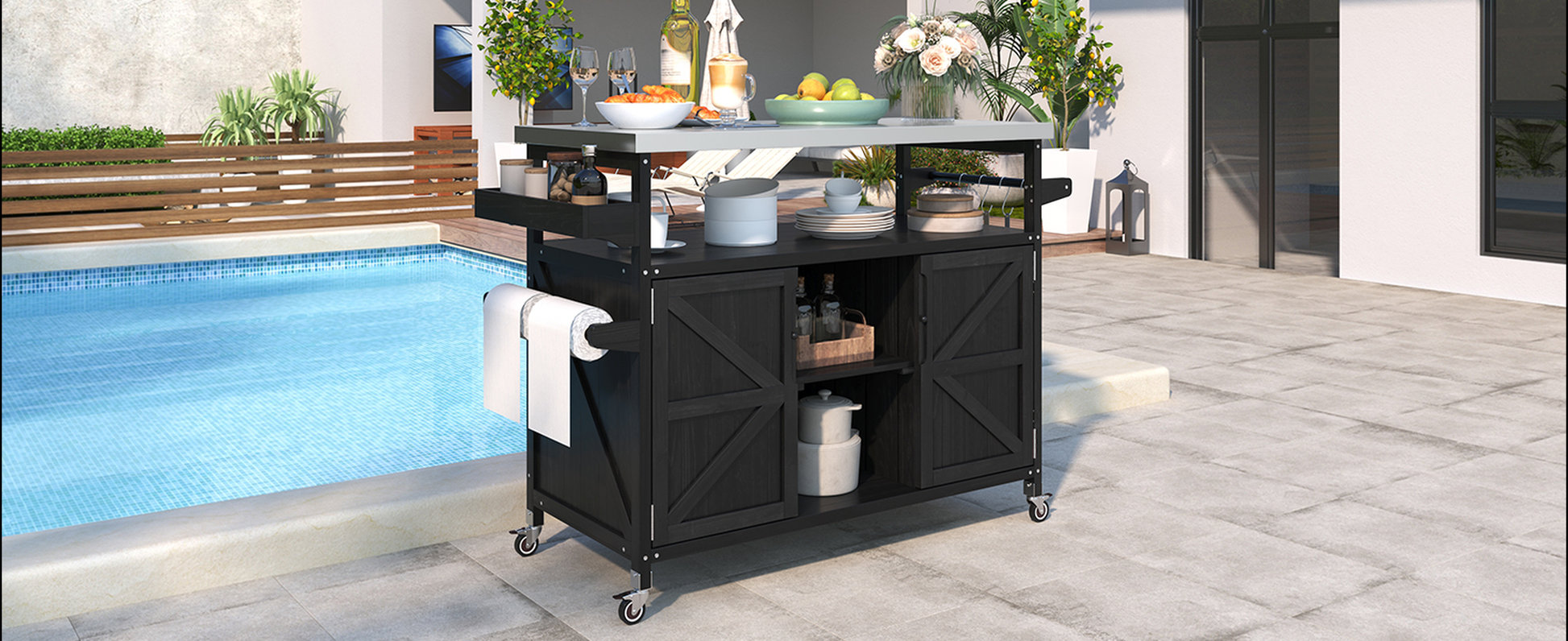 Black rolling kitchen cart with top prep surface and storage cabinets