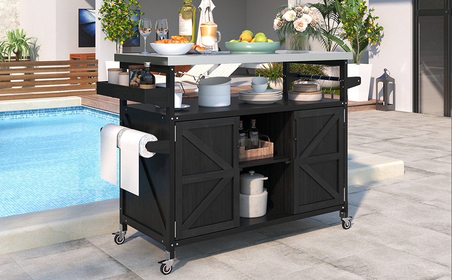 Black outdoor kitchen cart with paper towel holder and wheels
