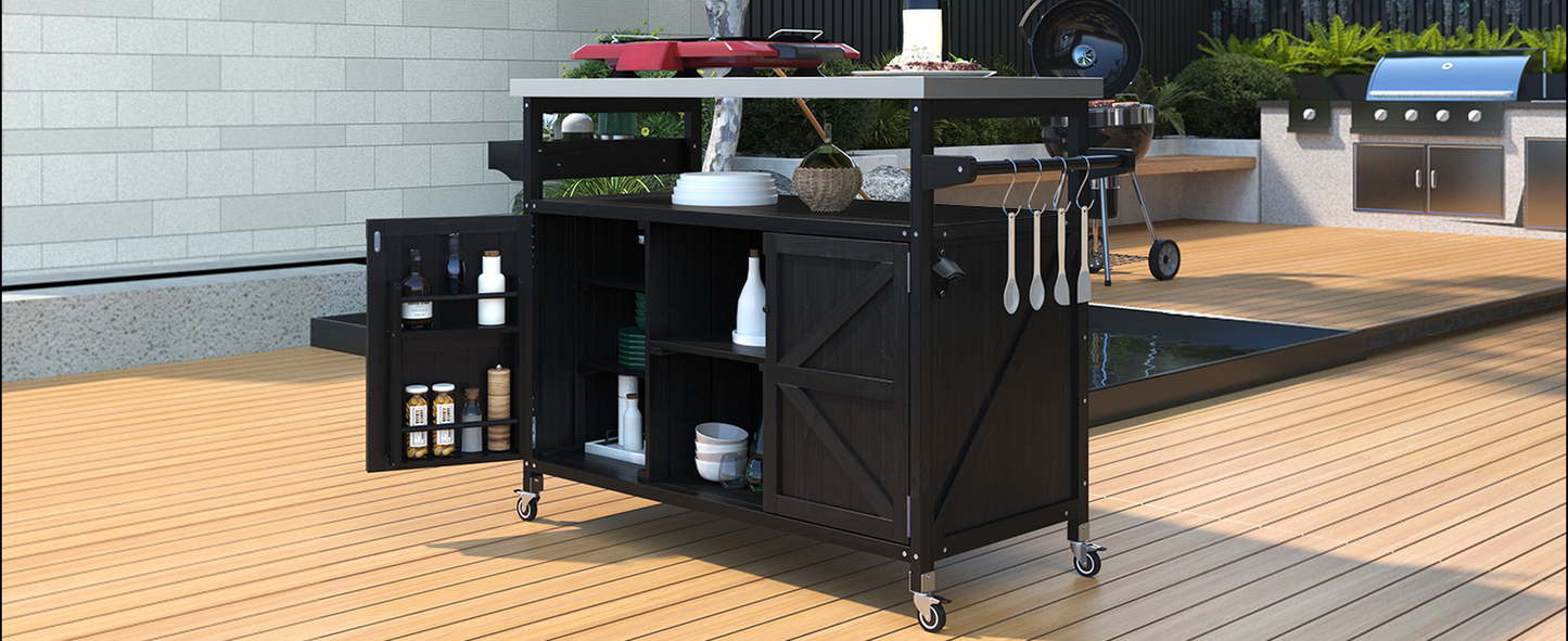 Black outdoor kitchen island with storage and wheels