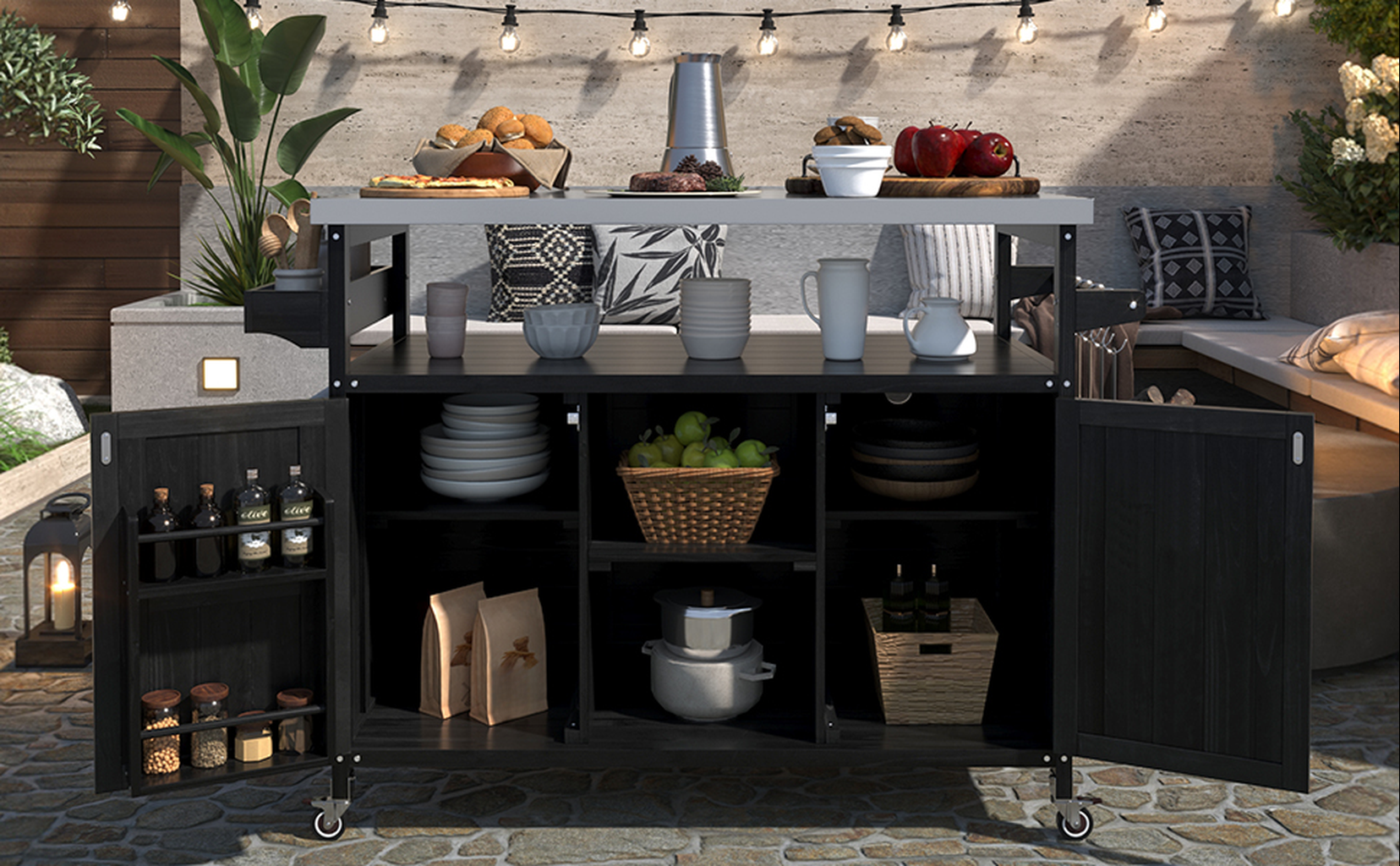 Black wheeled outdoor kitchen cart with storage shelves and drawers