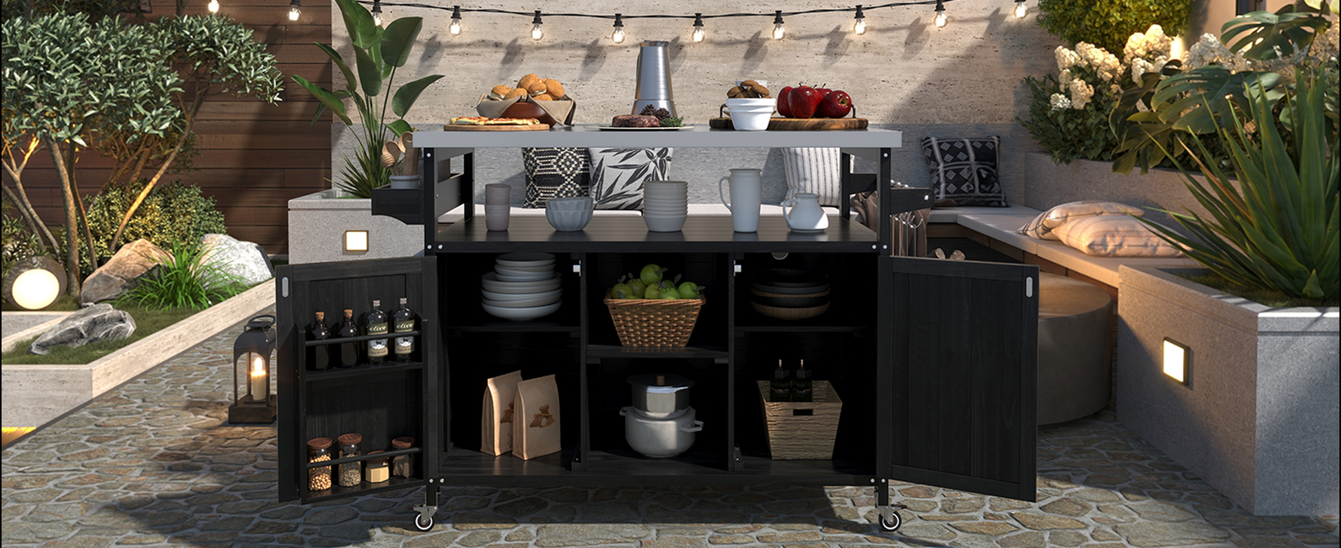 Black metal outdoor kitchen cart with serving top and storage shelves