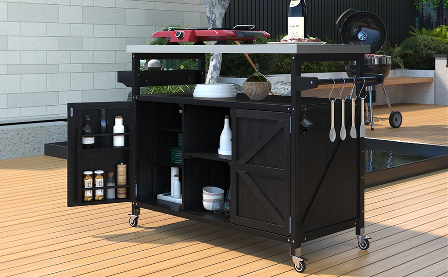 Black outdoor kitchen cart with wheels and bottle opener
