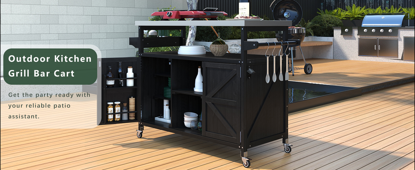 Black wooden outdoor kitchen grill bar cart with storage and casters