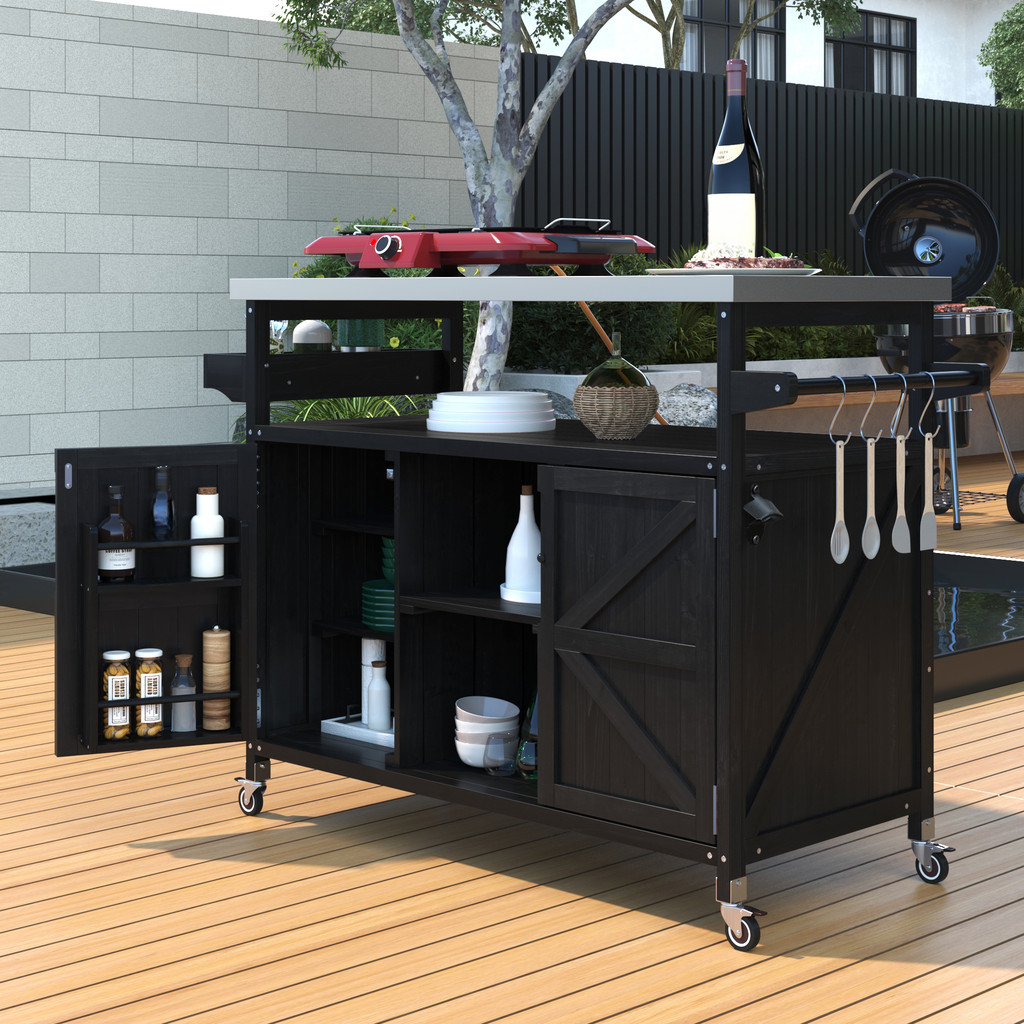 Black outdoor kitchen cart with sliding doors and shelves