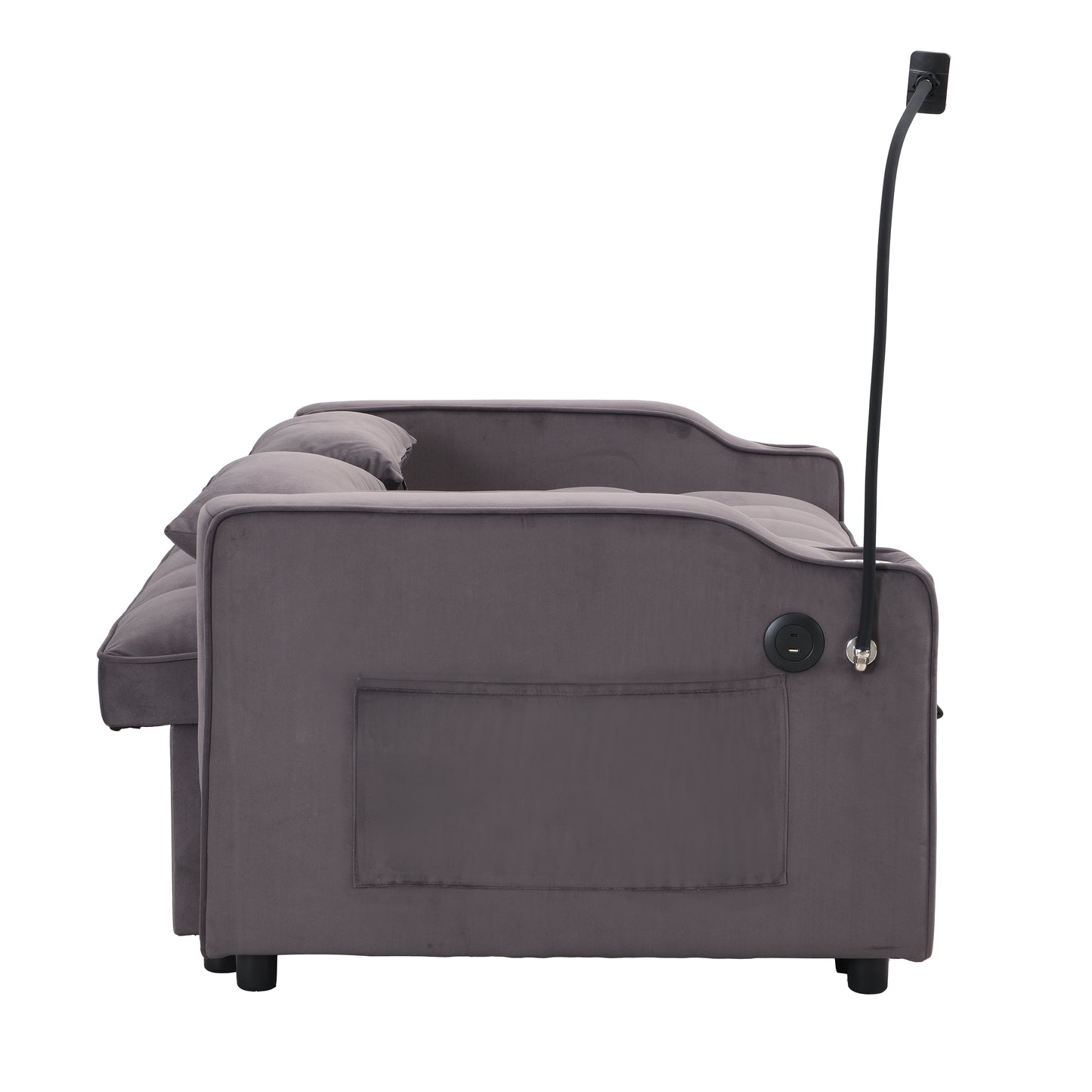 Gray velvet sofa with builtin USB charger and adjustable reading lamp
