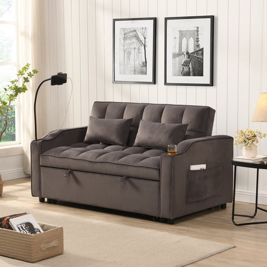 Grey velvet tufted sofa bed with builtin storage and cup holder