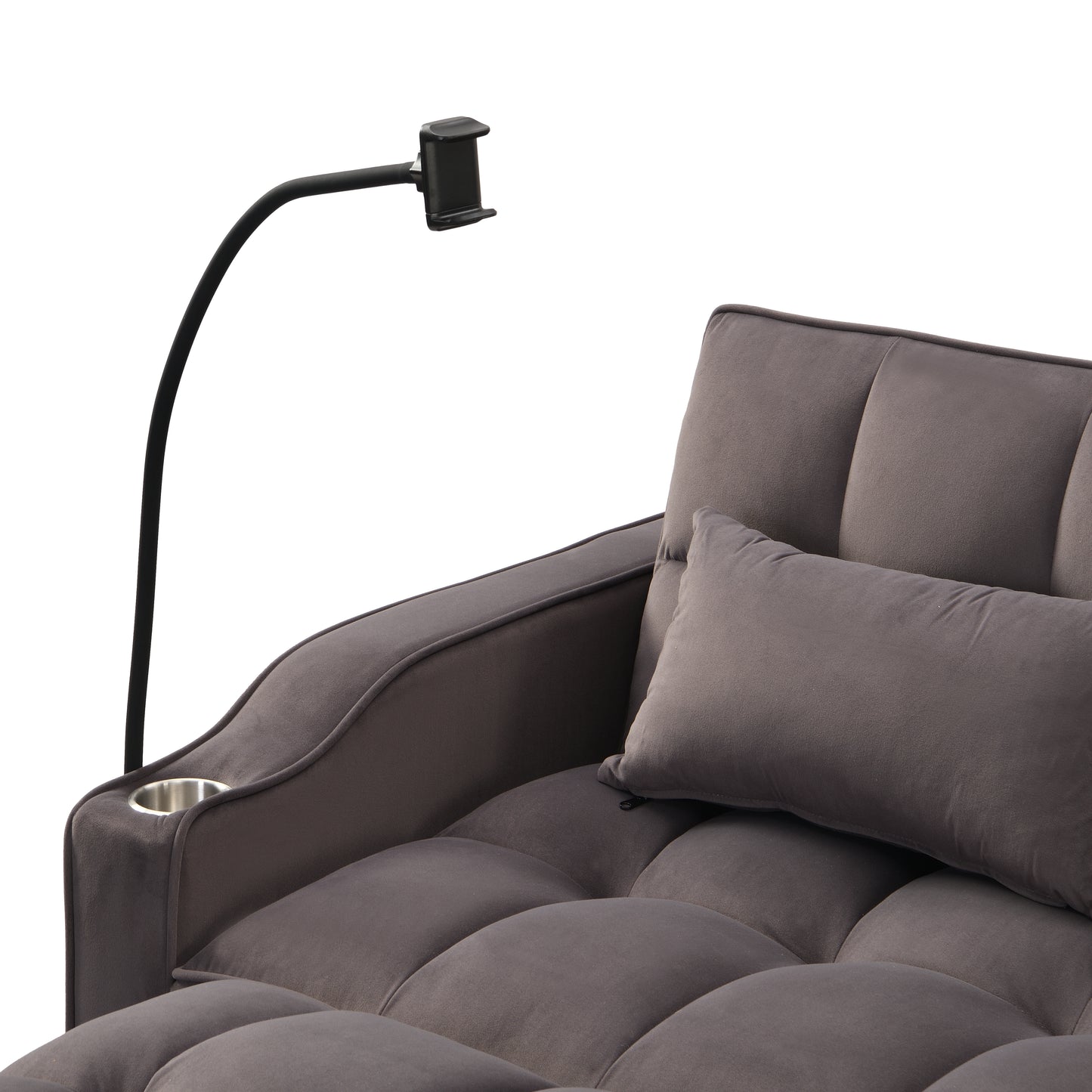 Plush grey velvet chaise lounge with integrated cup holder and adjustable phone mount