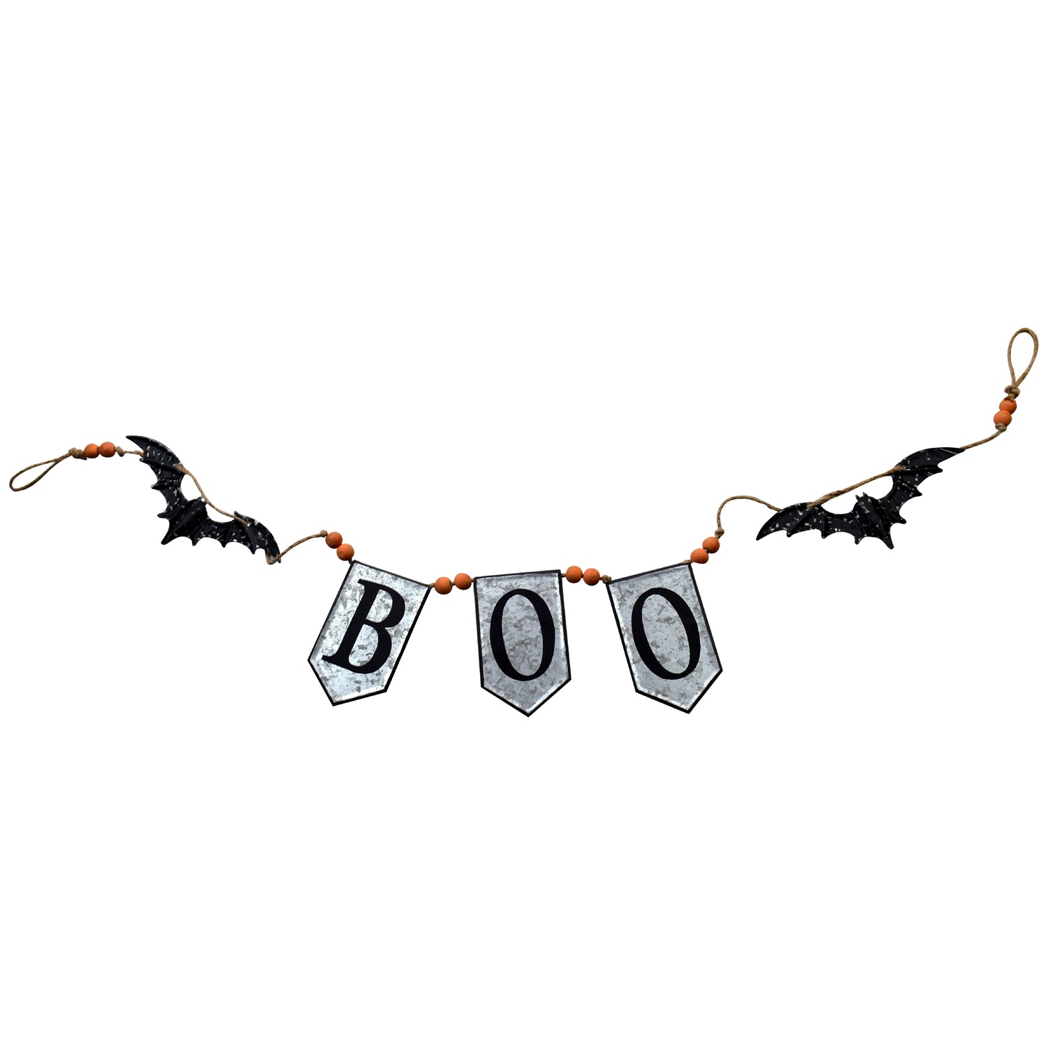 Halloween BOO banner with bat accents and orange beads