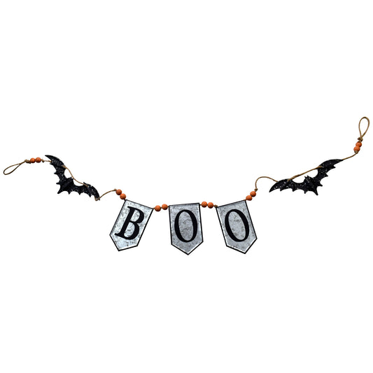 Halloween BOO banner with bat accents and orange beads