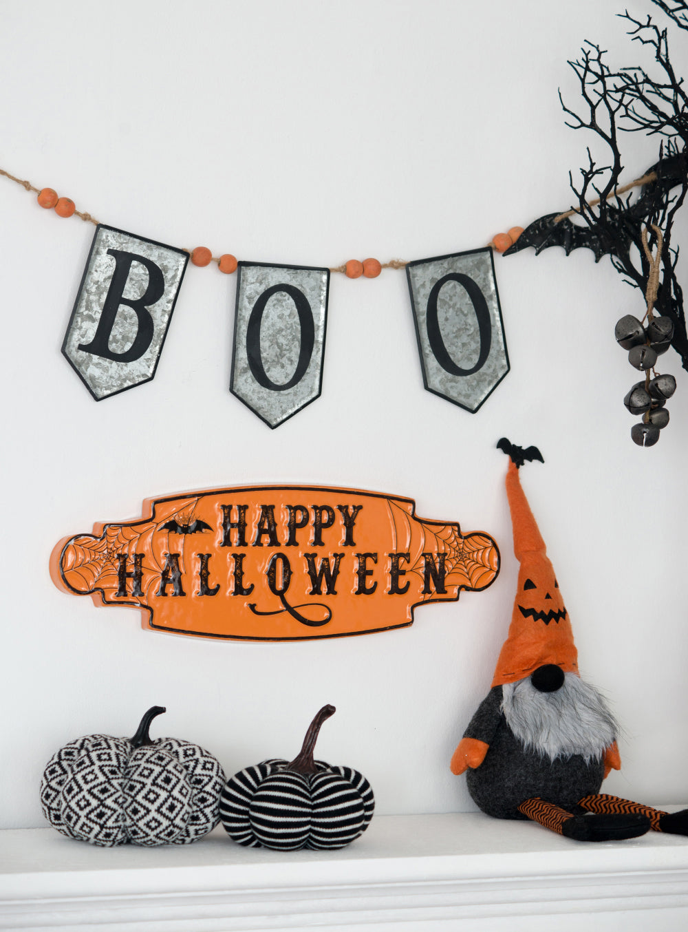 Galvanized metal BOO Halloween banner with orange bead garland