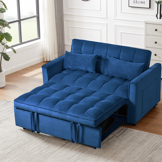 Deep blue velvet sofa bed with tufted cushions and pullout mattress extension
