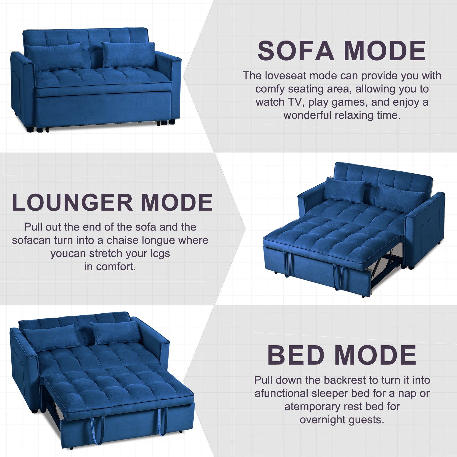 Blue velvet sofa in sofa mode with two accent pillows for living room seating