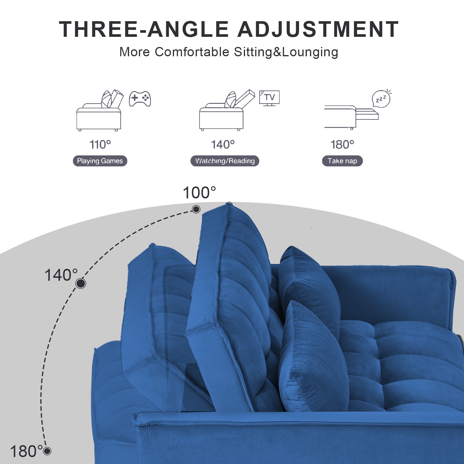 Deep blue velvet sofa with plush cushions adjustable to  degrees for gaming