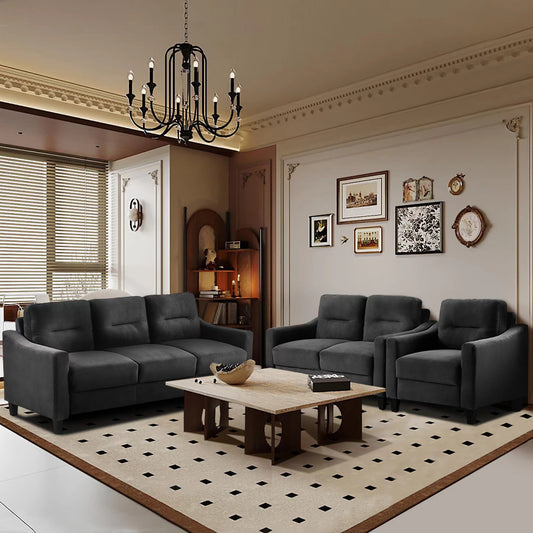 Deep charcoal gray velvet sofa set with plush cushions and modern design for living room comfort