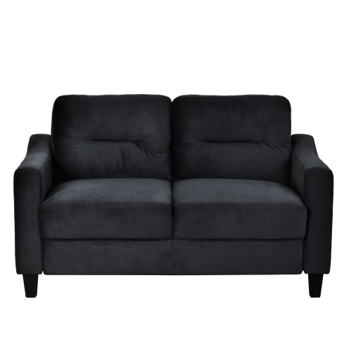 Modern charcoal grey velvet loveseat with plush cushioning and square arms