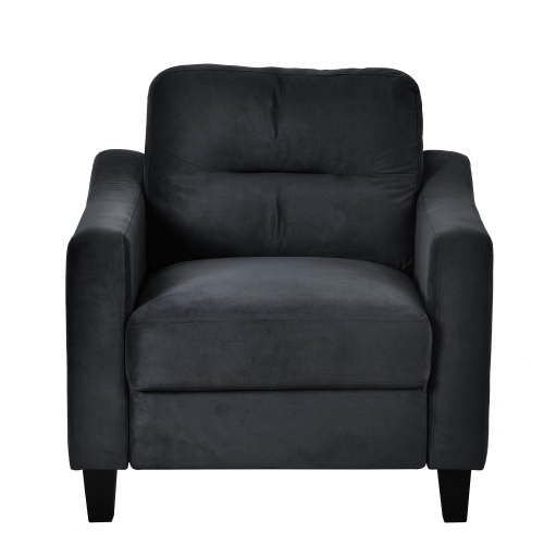 Charcoal velvet armchair with plush cushions and dark wooden legs