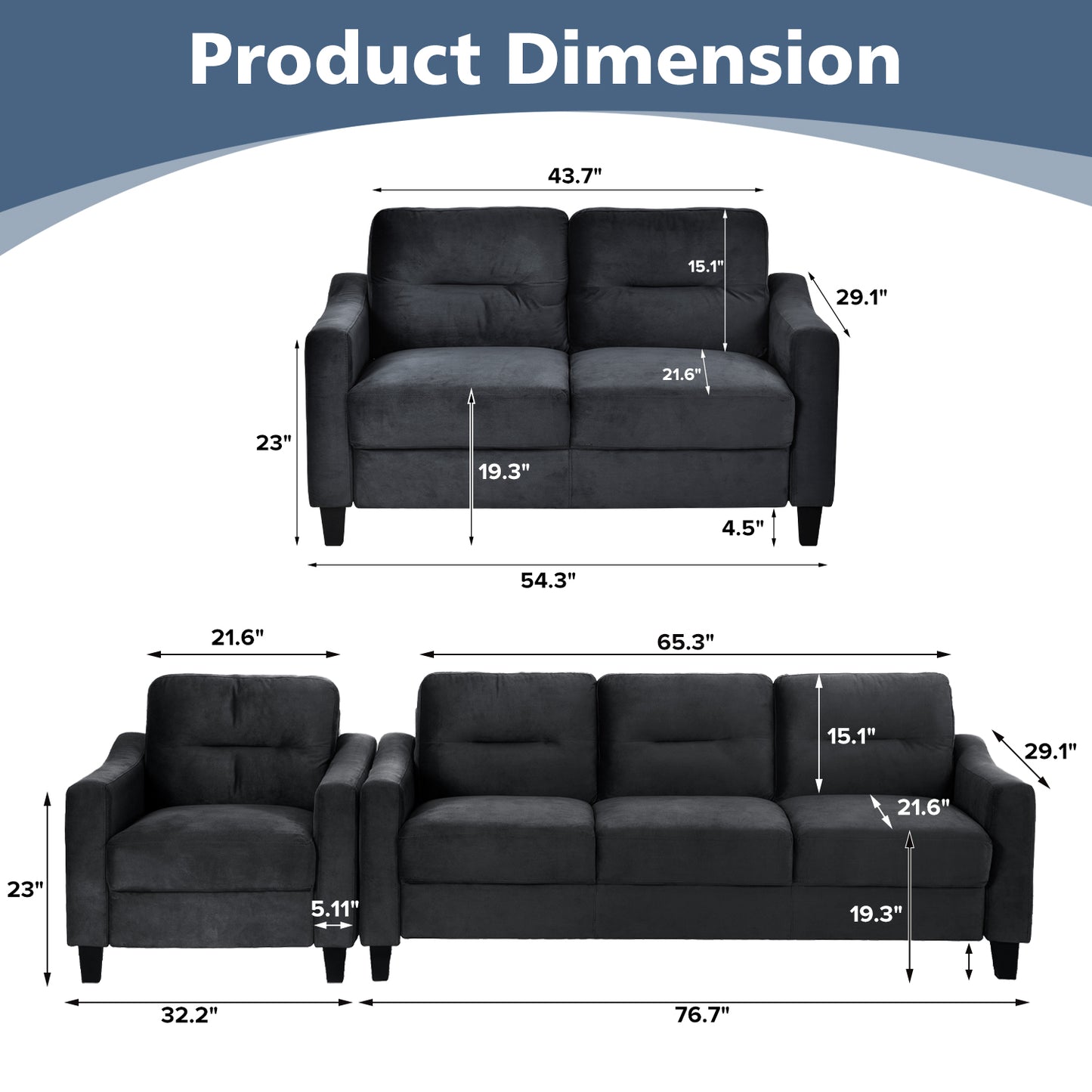 Dark gray velvet loveseat dimensions  W x  H x  D seat height
