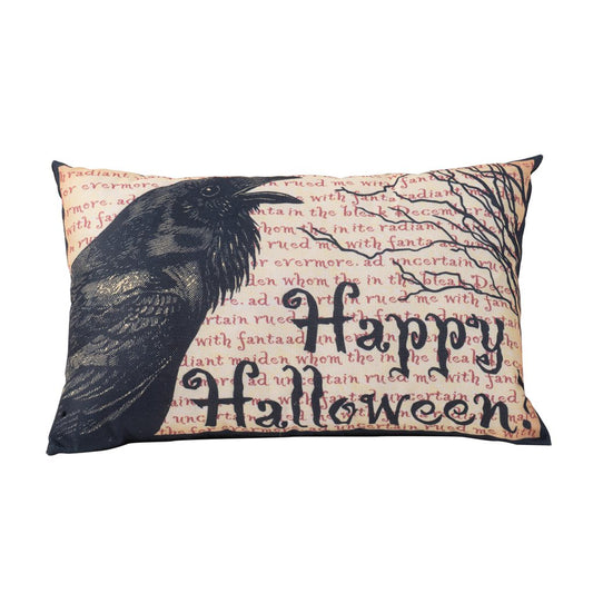 Black raven graphic pillow with Happy Halloween text on a parchment background