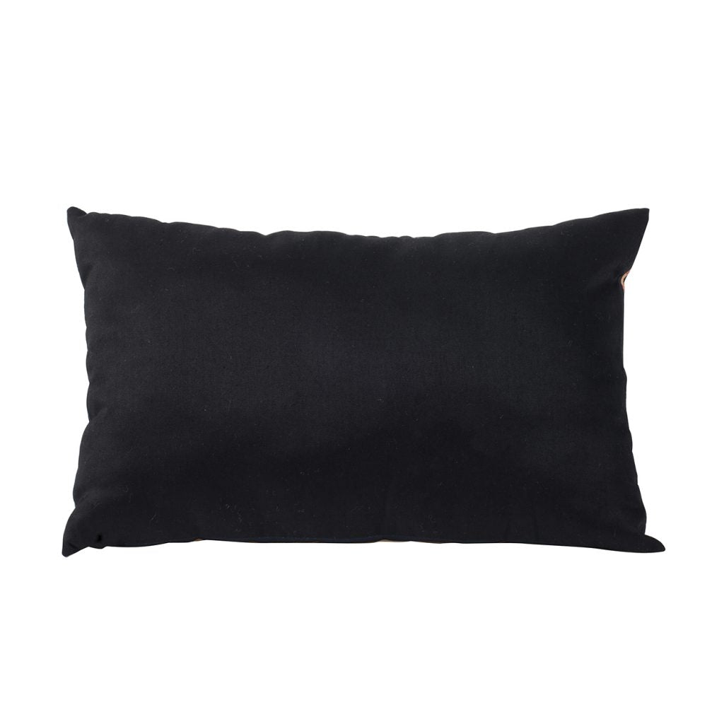 Rectangular black lumbar pillow with a textured weave for cozy seating