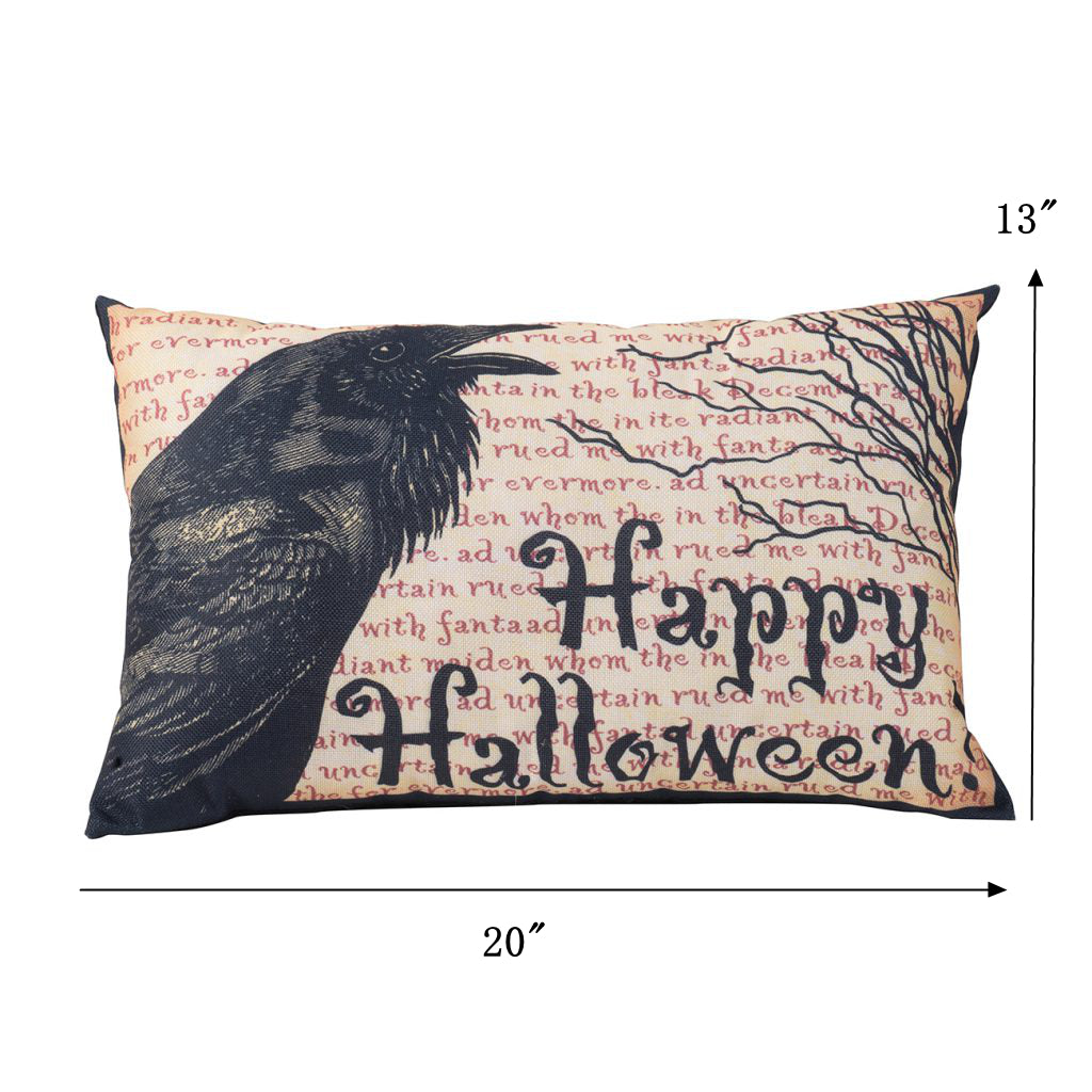 Black raven on a Halloweenthemed pillow with Happy Halloween text