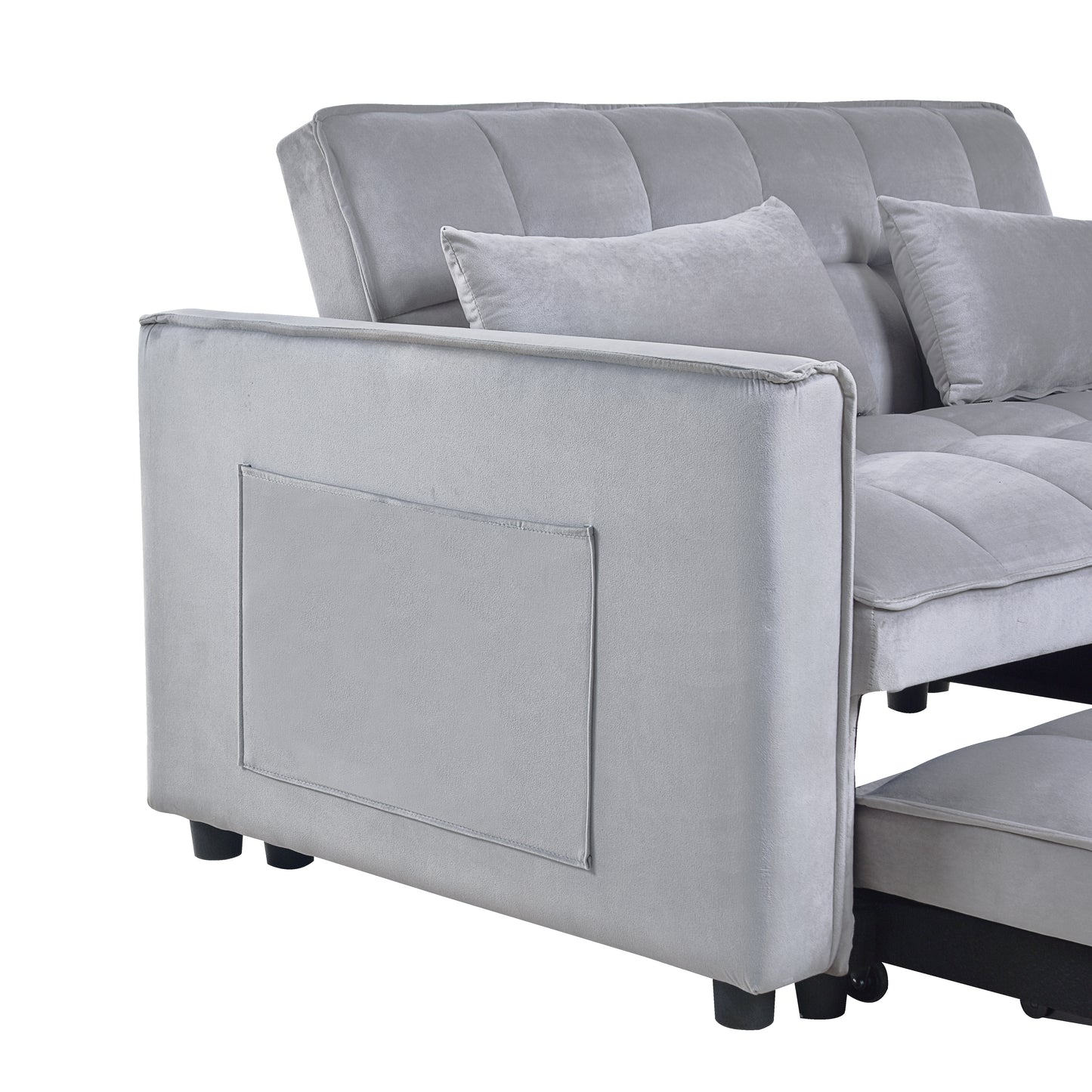 Light grey velvet sofa with tufted back and side pocket storage