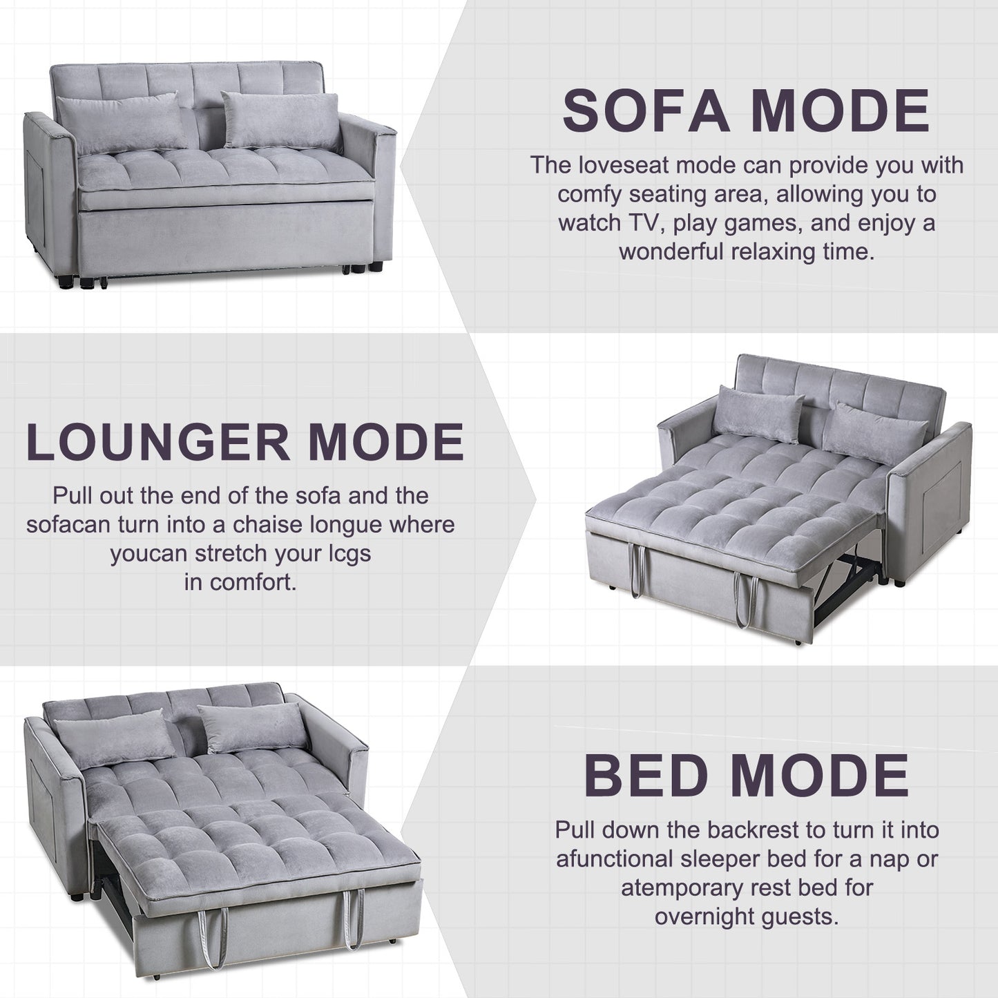 Grey velvet loveseat sofa in sofa mode with tufted cushions and two accent pillows