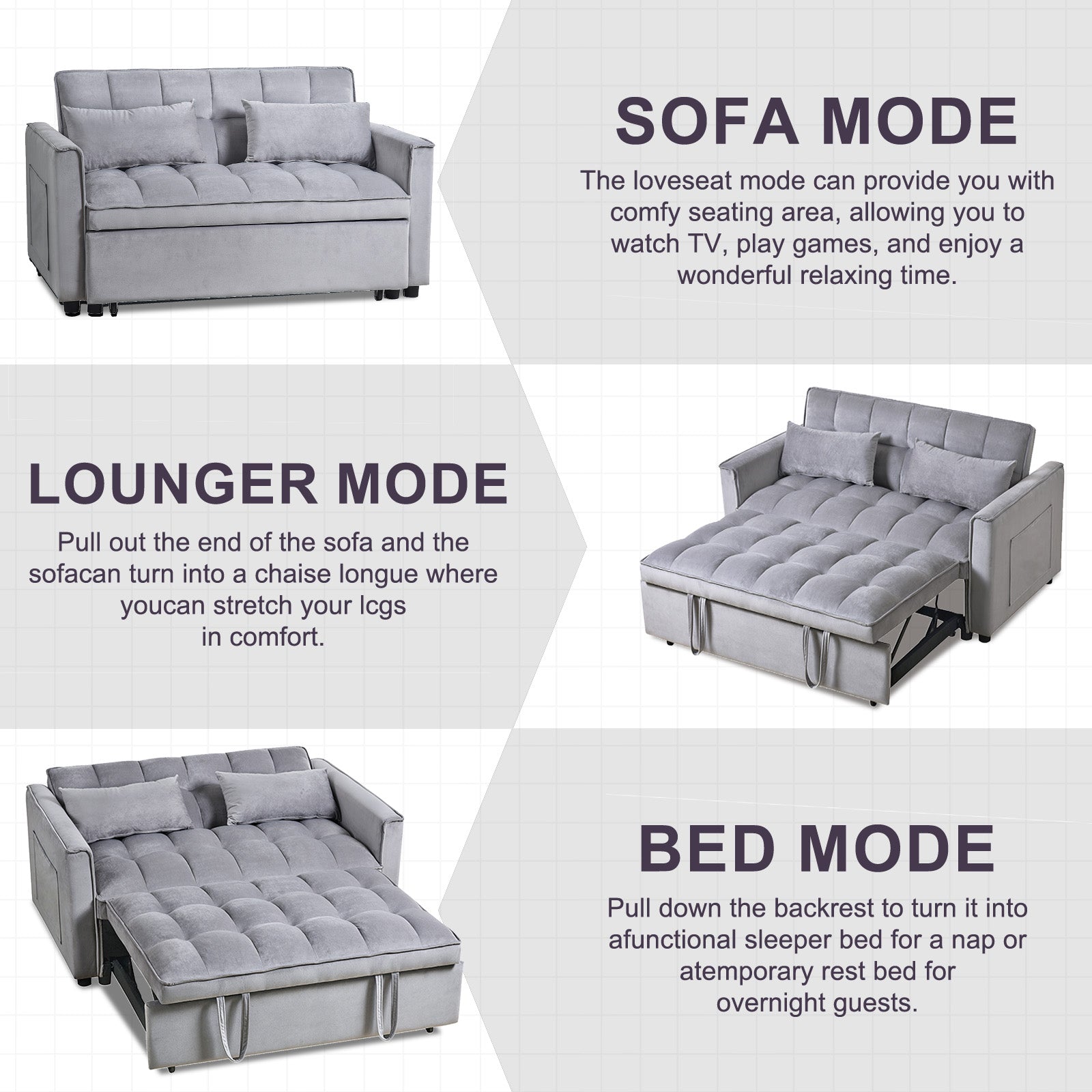 Grey velvet loveseat sofa in sofa mode with tufted cushions and two accent pillows