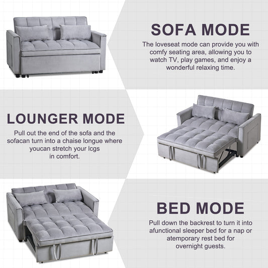 Grey velvet loveseat sofa in sofa mode with tufted cushions and two accent pillows