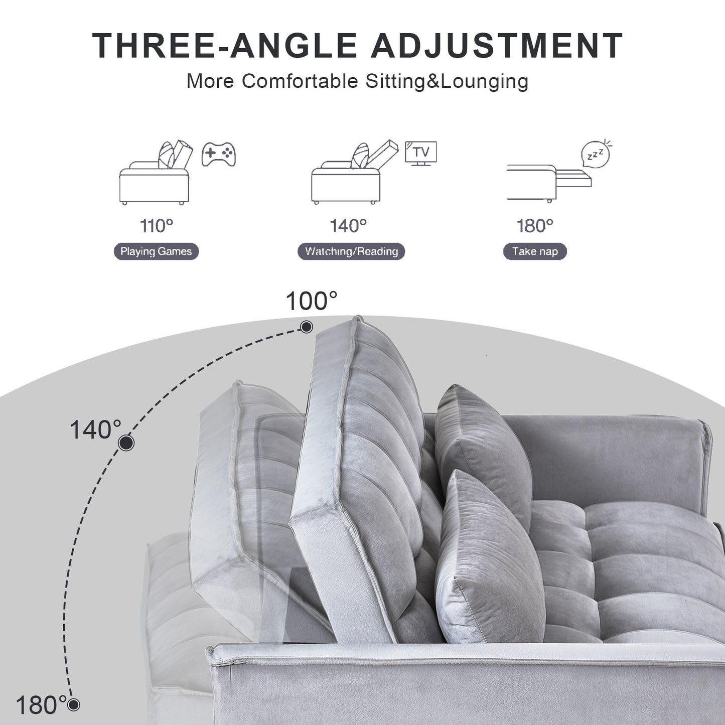 Grey velvet sofa with three angle adjustments for gaming reading and napping