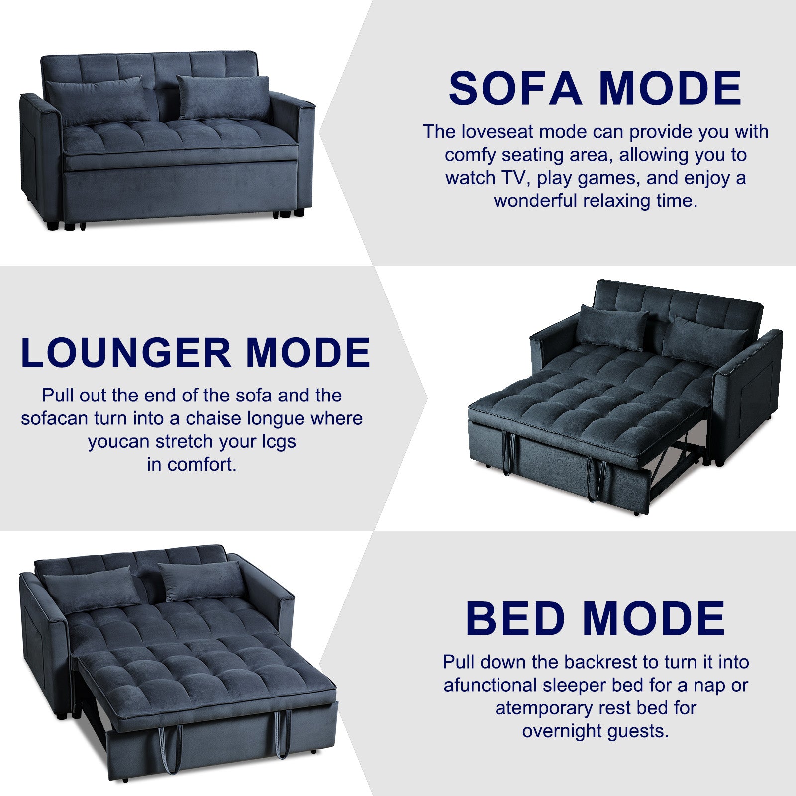 Dark grey loveseat sofa in sofa mode with tufted cushions and pillows